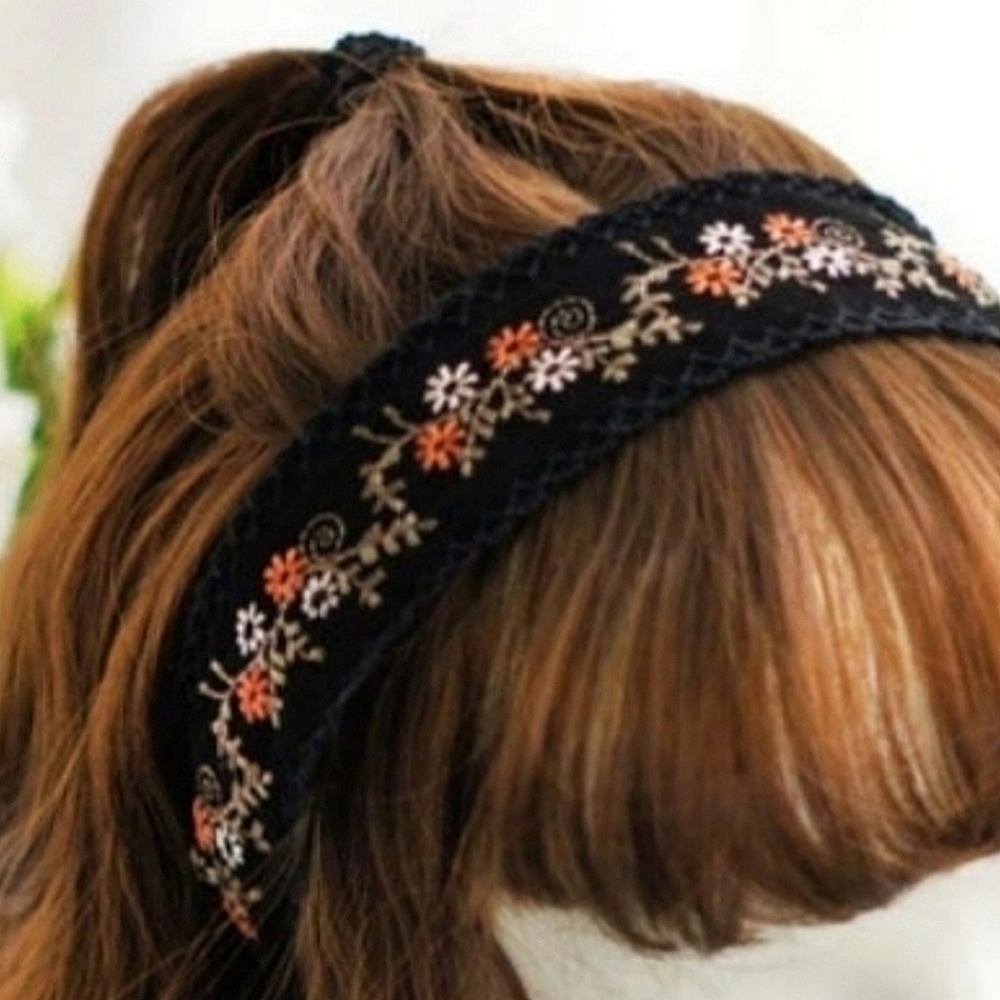 Faux Suede Embroidered Headband - Black